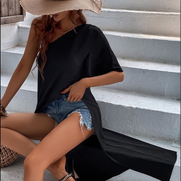 Boho Black Plain One Shoulder Asymmetrical Hem Blouse - Picture 4 of 13